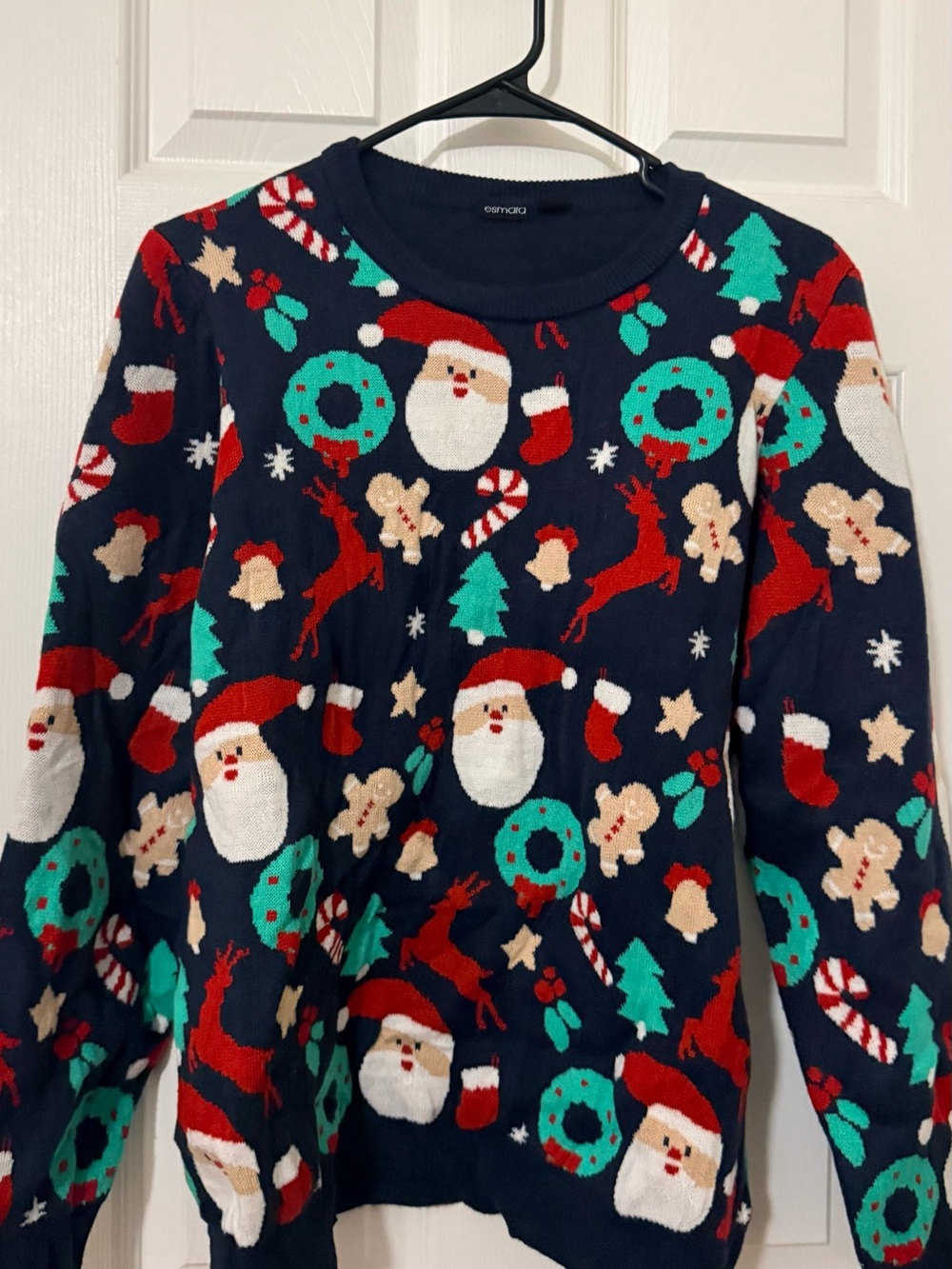 Women’s Navy Holiday Crewneck Sweater with Festive Santa & Wreath Print